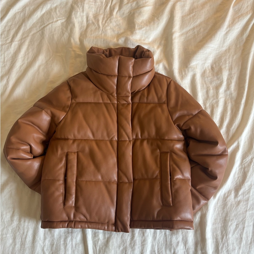 Abercrombie & Fitch Tan Leather Puffer Jacket